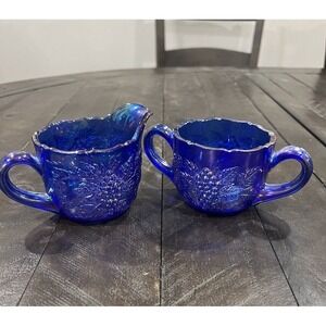 L E Smith Carnival Glass Sugar & Creamer Cobalt Blue‎ Grape Scalloped Rare